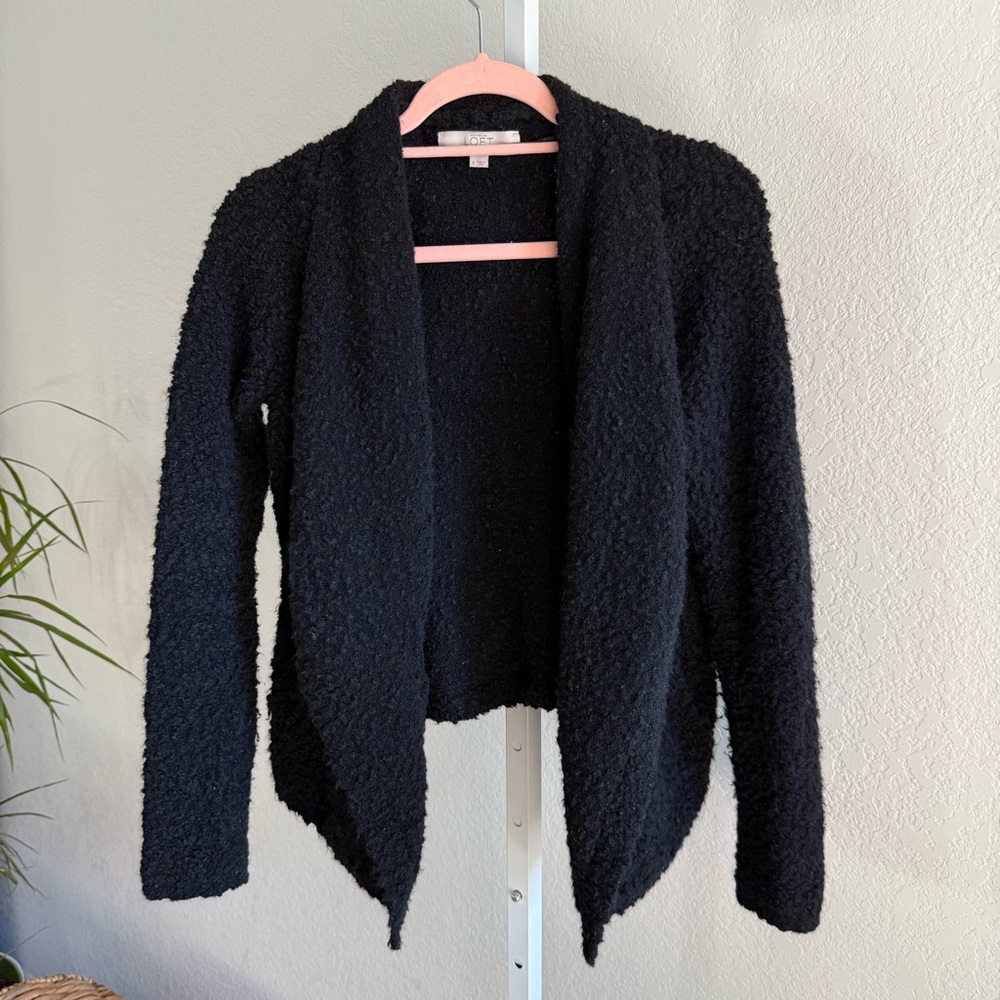 Loft Cardigan Sweater Black Boucle Open Front Italian Yarn Wool Blend Size S